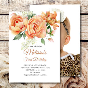 First Birthday Rustic Coral Peach Flower Photo Invitation