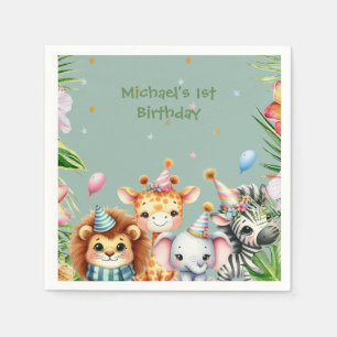 First Birthday Safari Animal Wild One Floral Napkins