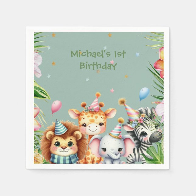 First Birthday Safari Animal Wild One Floral Napkins (Front)
