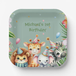 First Birthday Safari Animal Wild One Floral Paper Plates