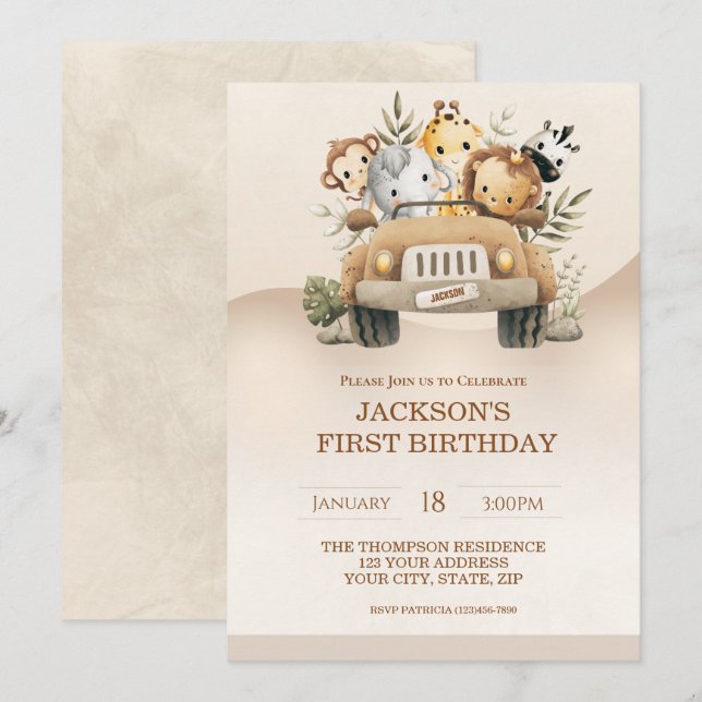First Birthday Safari Jungle Animals  Party   Invitation (Front/Back)