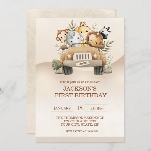 First Birthday Safari Jungle Animals  Party   Invitation