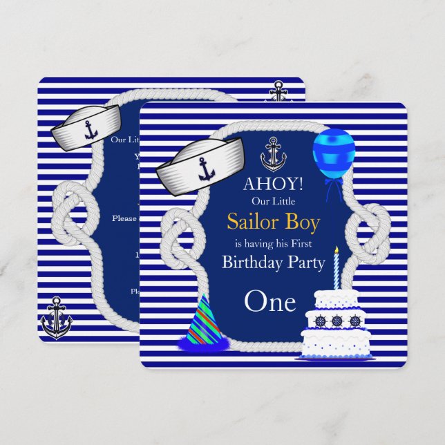 First Birthday Sailor Boy Blue Stripe Invitation (Front/Back)