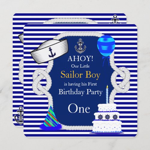 First Birthday Sailor Boy Blue Stripe Invitation