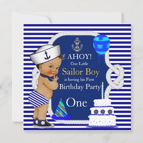 First Birthday Sailor Boy Navy Blue Stripe Invitation