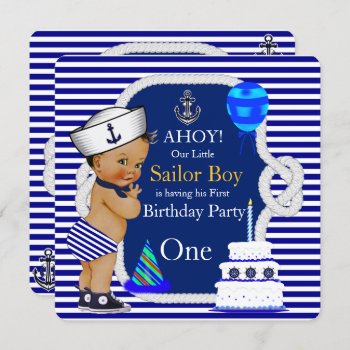 First Birthday Sailor Boy Navy Blue Stripe Invitation by VintageBabyShop at Zazzle