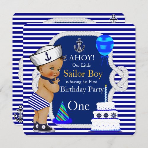 First Birthday Sailor Boy Navy Blue Stripe Invitation