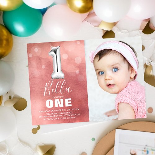 First Birthday Silver Balloon  Pink Photo Party Invitation