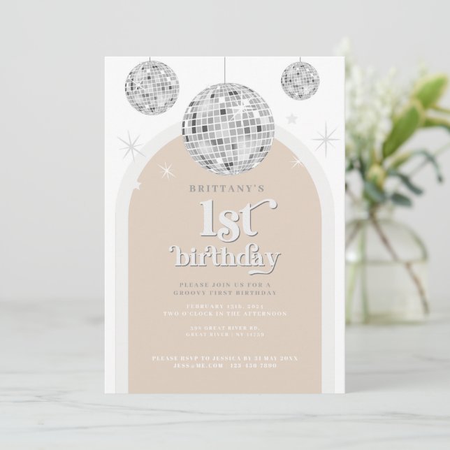 First Birthday Silver Retro Disco Glitter arch  Invitation (Standing Front)