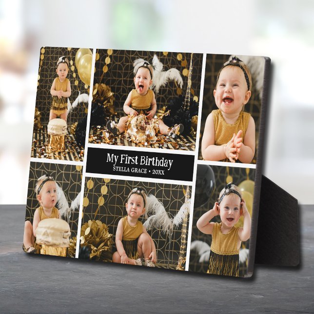 First Birthday Six Photo Collage Plaque (Photos put directly on hardboard panel for stunningly crisp image on frameless tabletop easel-stand)