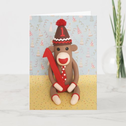 First Birthday Sock Monkey Celebration Card