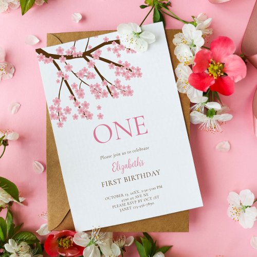 First Birthday Spring Cherry Blossoms Floral Cute Invitation