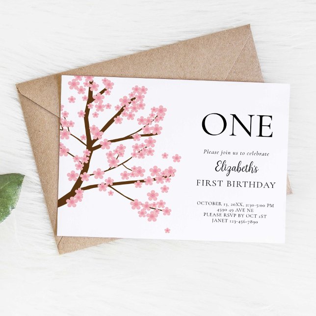First Birthday Spring Cherry Blossoms Floral Cute Invitation (Creator Uploaded)