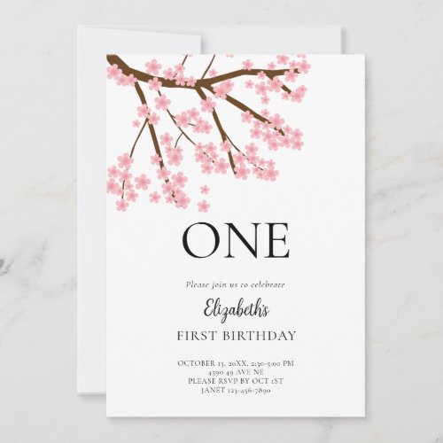 First Birthday Spring Cherry Blossoms Floral Cute Invitation