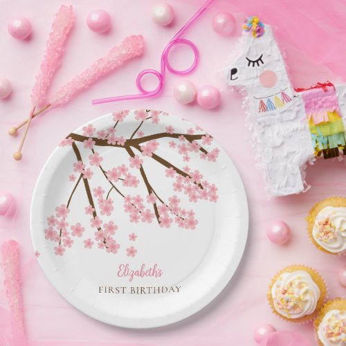 First Birthday Spring Cherry Blossoms Floral Cute Paper Plates