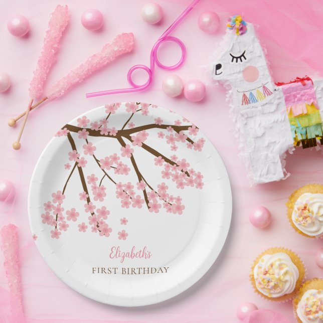 First Birthday Spring Cherry Blossoms Floral Cute Paper Plates (Party)