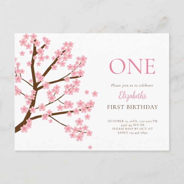 First Birthday Spring Cherry Blossoms Floral Cute Postcard (Front)