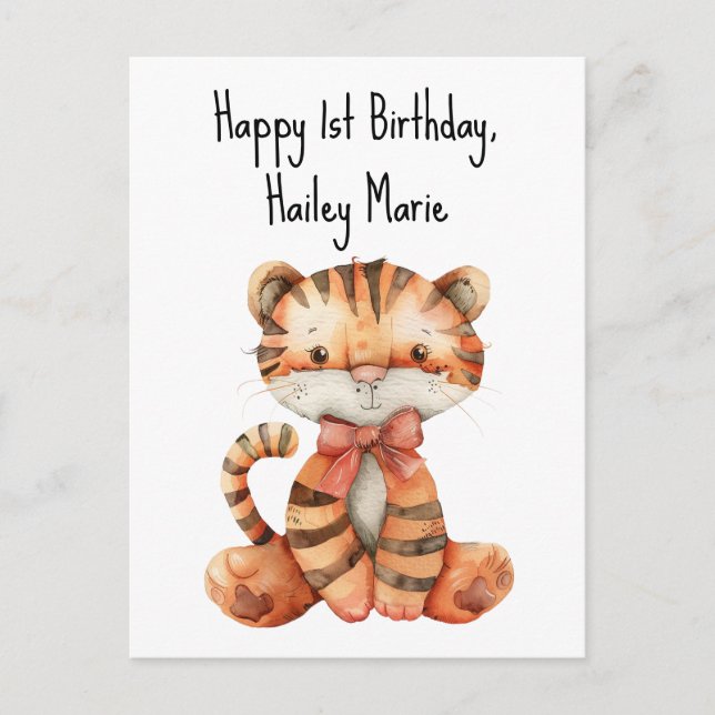First Birthday Stuffed Toy Tiger Personalized Postcard (Front)