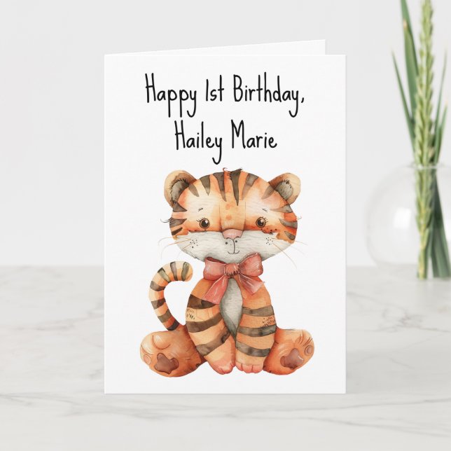 First Birthday Stuffed Toy Tiger Personalized Thank You Card (Front)