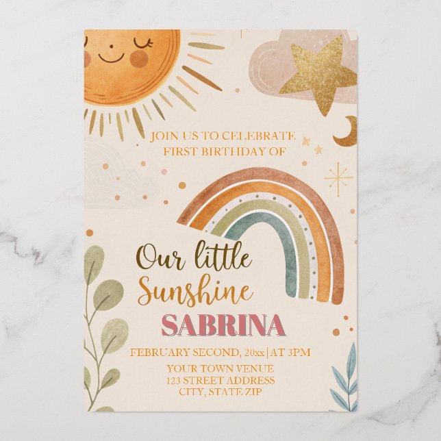 First Birthday Sun and Rainbow Boho  Foil Invitation (Front)