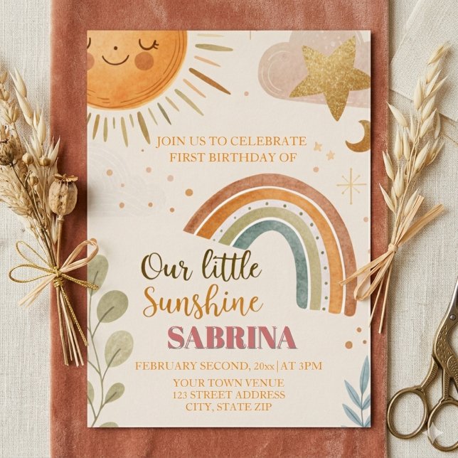 First Birthday Sun and Rainbow Boho  Foil Invitation (Creator Uploaded)