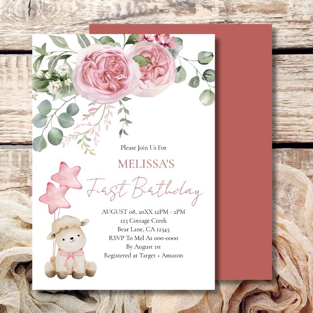 First Birthday Sweet Little Lamb Pink Roses  Invitation (Creator Uploaded)