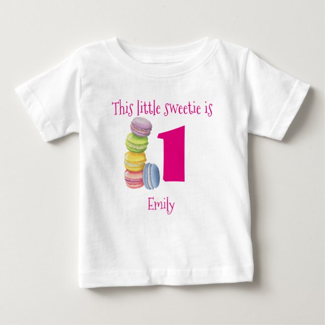 First Birthday Sweet Macarons Personalized Baby T-Shirt (Front)