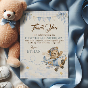 First Birthday Teddy Bear Airplane Blue Gingham Thank You Card