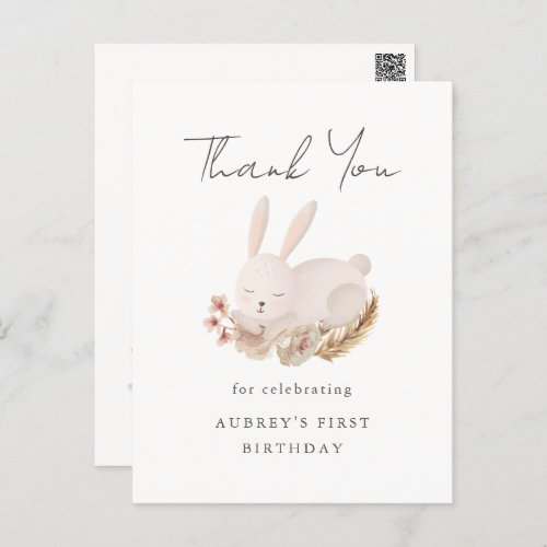 First Birthday Thank You with Cute Sleeping Bunny Postcard
