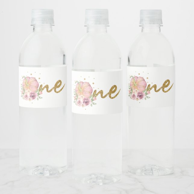 First Birthday Thanksgiving Pumpkin Pink Water Bottle Label (Bottles)