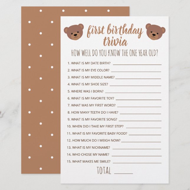 First Birthday Trivia How Well Do You Know Game (Front/Back)