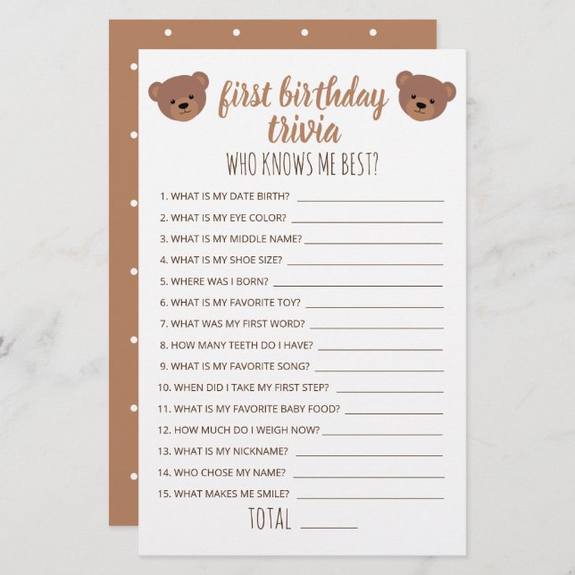 First Birthday Trivia Who Knows Me Best Game (Front/Back)