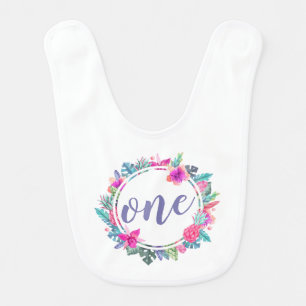 First Birthday Tropical Floral Wreath   Baby Bib