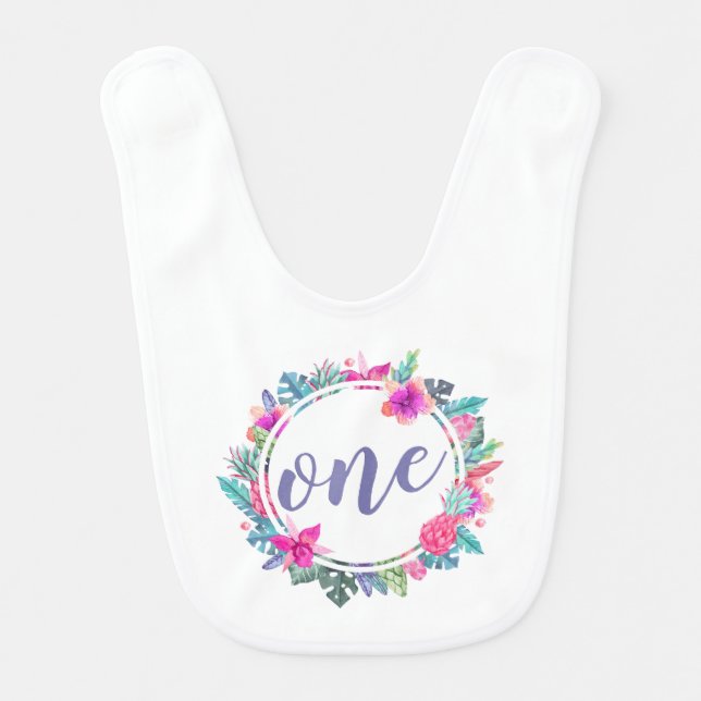 First Birthday Tropical Floral Wreath | Baby Bib (Front)