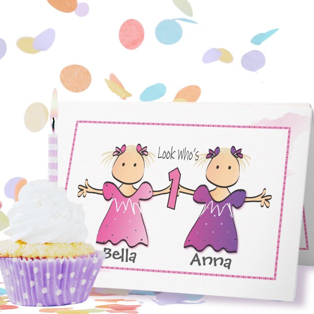 First Birthday Twin Girl Cartoon Sweet Cute Card (Creator Uploaded)