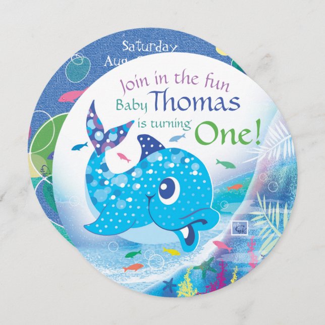 First Birthday, Under the sea, Blue Dolphin Invitation (Front/Back)