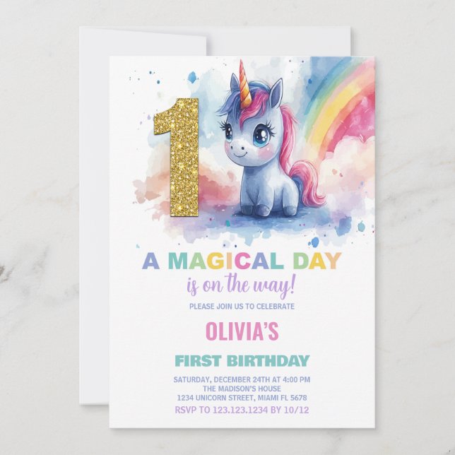 First Birthday Unicorn Birthday Invitations (Front)