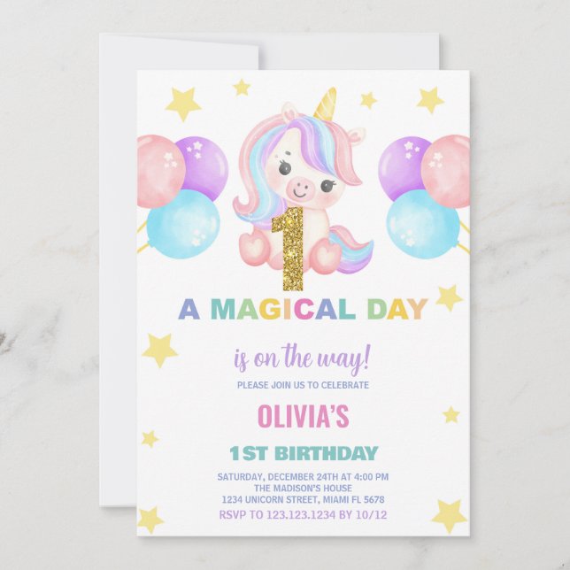 First Birthday Unicorn Birthday Invitations (Front)