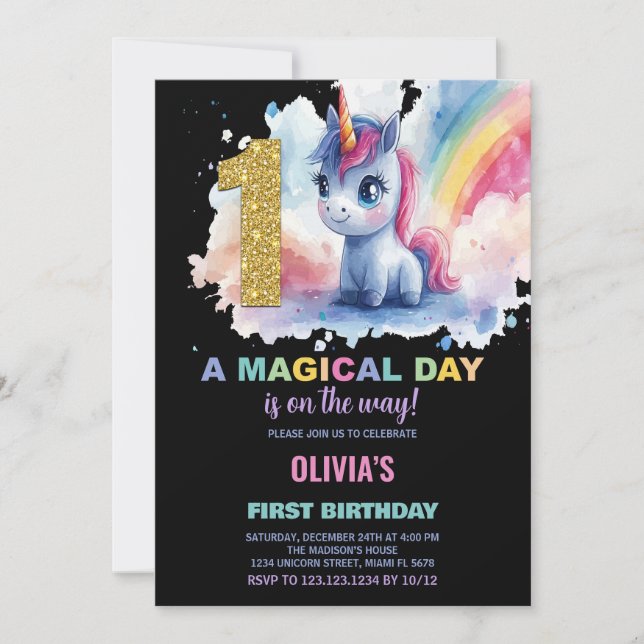 First Birthday Unicorn Birthday Invitations (Front)
