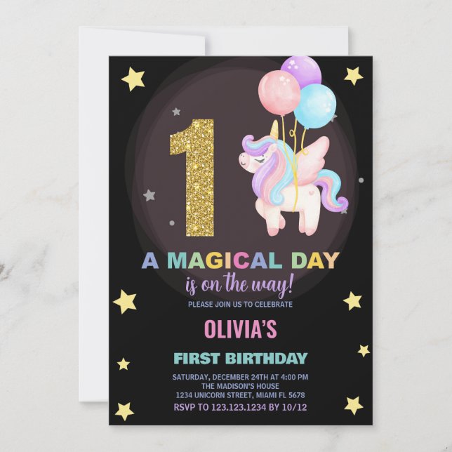 First Birthday Unicorn Birthday Invitations (Front)