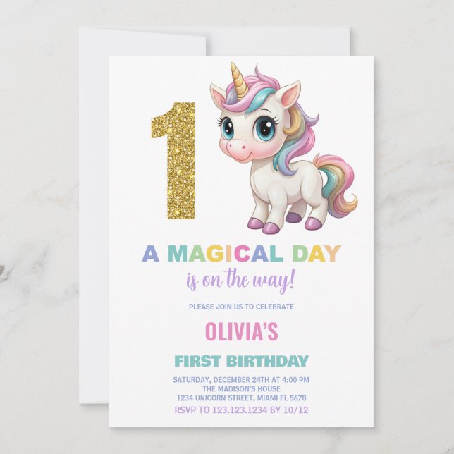 First Birthday Unicorn Birthday Invitations (Front)