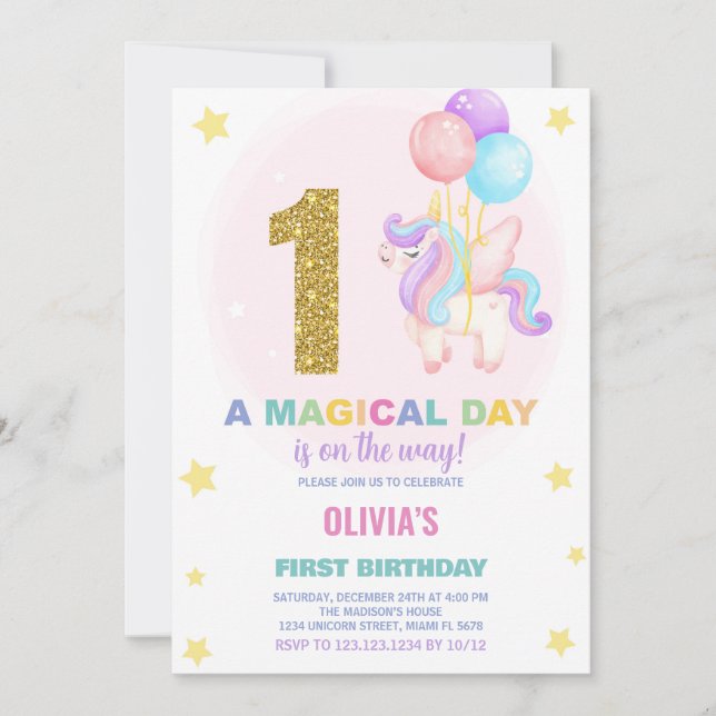 First Birthday Unicorn Birthday Invitations (Front)