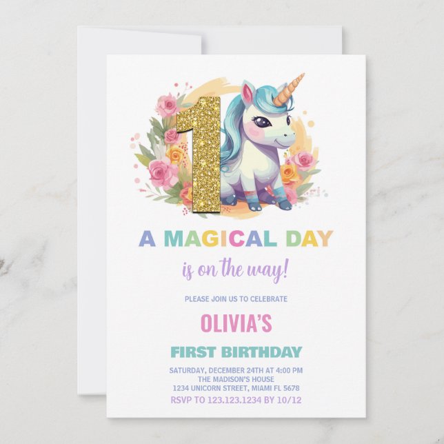 First Birthday Unicorn Birthday Invitations (Front)