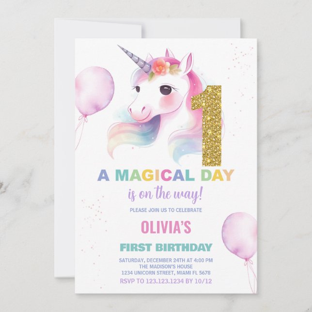 First Birthday Unicorn Birthday Invitations (Front)