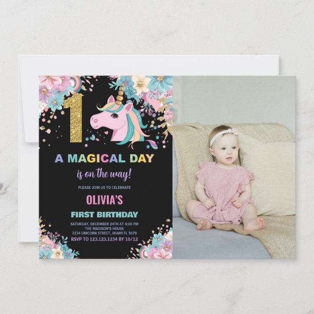 First Birthday Unicorn Birthday Invitations photo (Front)
