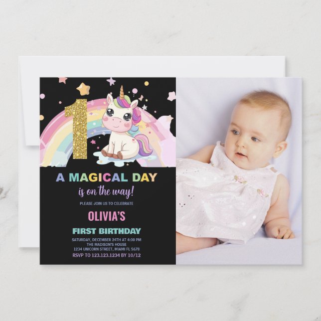First Birthday Unicorn Birthday Invitations photo (Front)