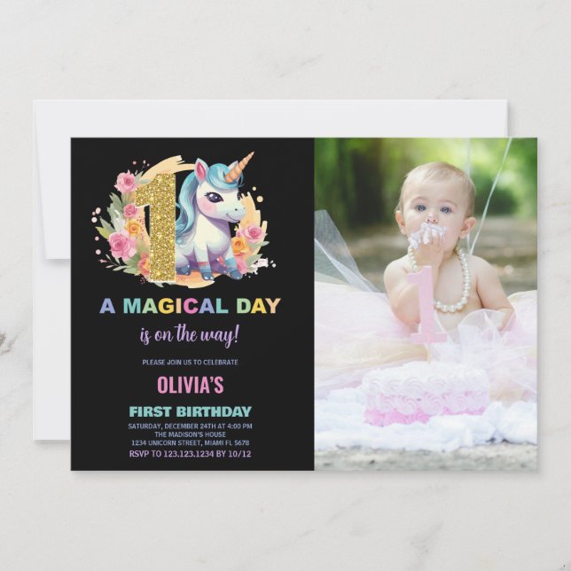 First Birthday Unicorn Birthday Invitations photo (Front)