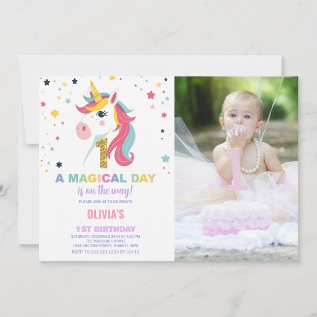 First Birthday Unicorn Birthday Invitations photo (Front)