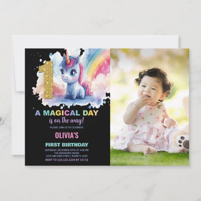 First Birthday Unicorn Birthday Invitations photo (Front)