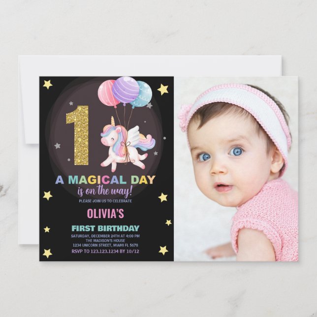First Birthday Unicorn Birthday Invitations photo (Front)